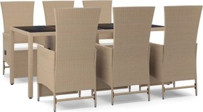 vidaXL 7 részes bézs polyrattan kerti étkezőgarnitúra párnákkal