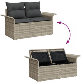 7 darabos Kert Kanapészett Párnákkal Világosszürke Poli Rattan, 2-személyes Kert Kanapé Tárolóval és Párnákkal Világosszürke Poli Rattan