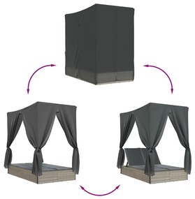 világosszürke polyrattan dupla napozóágy tetővel és függönnyel