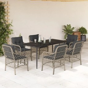 7 részes világosszürke polyrattan kerti étkezőszett párnával