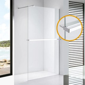 Stuxi Milano Plus Walk-in zuhanyfal, 110x200 cm, 8 mm vastag vízlepergető biztonsági üveggel, króm profillal, távtartóval, polccal és törölközőtartóval