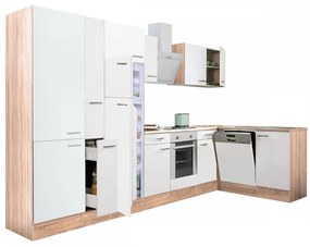 Yorki 370 sarok konyhablokk sonoma tölgy korpusz,selyemfényű fehér front alsó sütős elemmel polcos szekrénnyel, felülfagyasztós hűtős szekrénnyel