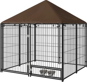 PawHut Fém Kültéri Kutyajátszókerítés Napernyővel, Forgatható Etetővel, 2 Tálkával Teraszra, Kertbe 141x141x151 cm Barna | Aosom