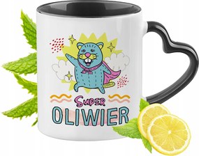 Fekete bögre szív alakú füllel Olivérnek Ajándék