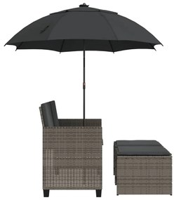 2 személyes szürke polyrattan kerti kanapé napernyővel/székkel