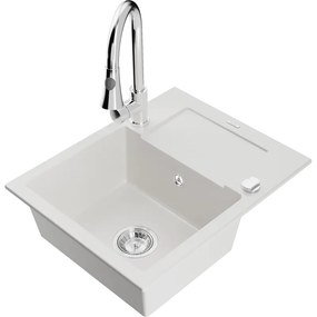 Mexen Enzo, 1 kamrás gránit mosogató 576x465x174 mm és Elia mosogató csaptelep, fehér, 6506-20-670101-00