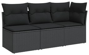 Fekete 3 személyes polyrattan kerti kanapé párnákkal