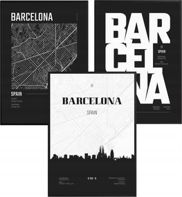 Barcelona Poszter Szett Térkép Panoráma Fekete-Fehér Képek Nappaliba 61x91