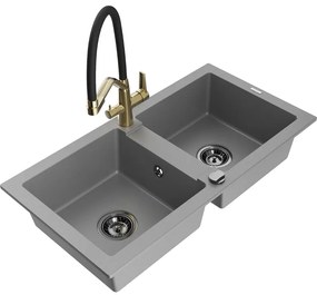 Mexen Mario dupla tálcás gránit mosogató Duo konyhai csapteleppel, szürke - 6504-71-671701-57-B
