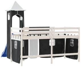 fehér-fekete tömör fenyő gyerek galériaágy toronnyal 80x200 cm