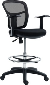 HOMCOM Forgós Irodai Szék Lábpihenő Gyűrűvel és Ívelt Háttal, Ergonomikus Poliészter, Hab és Műanyag Szék, Magasság Állítható, 55x58x94 cm, Fekete | A
