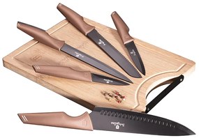 6-részes konyhai kés készlet bambusz vágódeszkával ROSE GOLD 19522