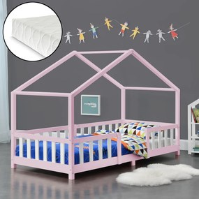 [en.casa] Házikó gyerekágy Treviolo leesésgátlóval matraccal 90x200 cm rózsaszín/fehér