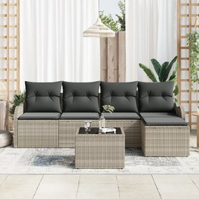 6 darabos kerti kanapé szett párnákkal, szürke poli rattan, 2 személyes kerti kanapé párnákkal, világosszürke poli rattan