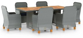 vidaXL 7 részes világosszürke polyrattan kültéri étkezőszett párnákkal