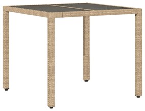 bézs polyrattan üveglapos kerti asztal 90 x 90 x 75 cm