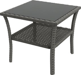 Outsunny Négyzetes Műrattan Kerti Asztal 50x50x45 cm Üveglappal és Galvanizált Acélvázzal 30 kg Teherbírással Teraszra és Sokóba - Szürke Átmenet | Ao