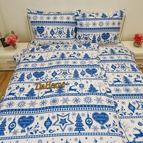 Pamut lepedők Karácsonyi lepedők Rénszarvas fehér-kék TiaHome - 1x Párna 90x70cm, 1x Paplan 140x200cm