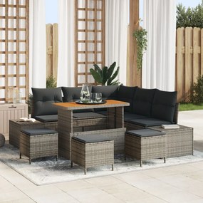 8 darabos kerti kanapészett párnákkal szürke poli rattan akáccal, 2 személyes kerti kanapé párnákkal szürke poli rattan, 3 darabos kerti étkező szett párnákkal szürke poli rattan akáccal