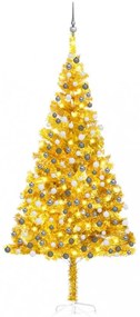 Aranyszínű PET műkarácsonyfa LED-ekkel és gömbökkel 210 cm
