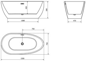 Mexen Eos, szabadon álló kád 150 x 75 cm, fehér-fekete, fekete matt túlfolyó, 52471507575-70