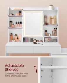 KAILYN Fésülködő asztal, LED világítású sminkasztal tükörrel és fiókokkal, felhőfehér