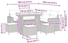 8 darabos Kerti Sofa Szett Párnákkal Bézs Poli Rattan Akác, 3 darabos Kerti Étkező Szett Párnákkal Bézs Poli Rattan Akác