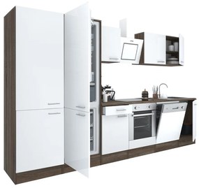Yorki 340 konyhabútor yorki tölgy korpusz,selyemfényű fehér front alsó sütős elemmel polcos szekrénnyel és alulfagyasztós hűtős szekrénnyel