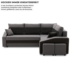 Grande sarokkanapé polcokkal és puffokkal , polc a bal karfaban puffok a jobb karfaban, jobboldali, szövet anyag, bonell töltet, szürke - fekete