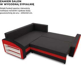 Grande sarokkanapé polcokkal , polc a bal karfaban, baloldali, szövet anyag, bonell töltet, fekete - piros