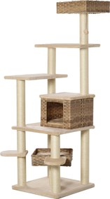 PawHut Rattan Macskafa Macskaodúval Több szintes Macskafalmászó Fa Macskáknak E1 MDF Szizál Beige+Barna 55 x 55 x 174 cm | Aosom