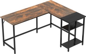 HOMCOM Ipari Stílusú Sarokasztal Oldalsó Polccal, Fa és Fekete Fém, 150x120x75cm | Aosom