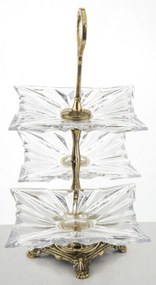 Sárgaréz barokkos arany kínáló állvány aprósüteményeknek 2 emeletes 3 üveg tányéros 35x36x17,5cm