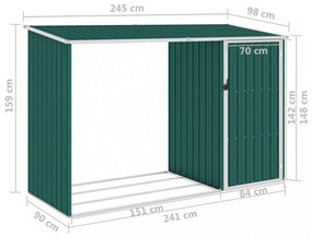 zöld horganyzott acél kerti tűzifatároló 245 x 98 x 159 cm