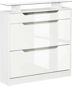 HOMCOM 2-ajtós Cipőtároló Keskeny Cipőszekrény 16 Pár Cipőnek Fiókkal, Nyitott Polccal és Üveg Toppal Előtérbe 89x23x96 cm Fehér | Aosom