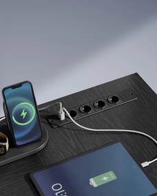 L alakú sarokíróasztal LED világítással, 4 konnektorral, 2 USB-porttal és monitorállvánnyal, 150 x 120 x 76 cm, fekete