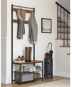 Kabáttartó, ruhafogas cipőtárolóval, rusztikus barna