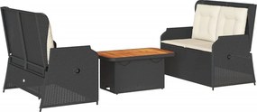 vidaXL 3 részes fekete polyrattan kerti ülőgarnitúra párnákkal
