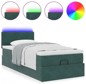 sötétzöld bársony ottomán ágy matraccal &amp; LED-ek 90x200 cm