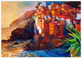 Kép - Falu Cinque Terre partján, az olasz riviérán, modern impresszionizmus (70x50 cm)