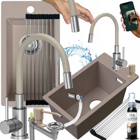 Egykamrás Mosogató Gránit bézs, flexibilis csaptelep Kicsi Keskeny