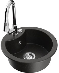Mexen Diego, 1 kamrás gránit mosogató 488x488x167 mm és Elia mosogató csaptelep, fekete-arany metál, 6512-75-670101-00