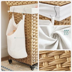 Kézzel fonott rattan stílusú szennyeskosár 3 rekesszel 140L, natúr