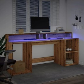 kézműves tölgy színű szerelt fa LED-es íróasztal 200x55x91 cm