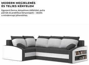 Grande sarokkanapé polcokkal , polc a jobb karfaban, baloldali, szövet anyag, hab töltet, szürke - fehér