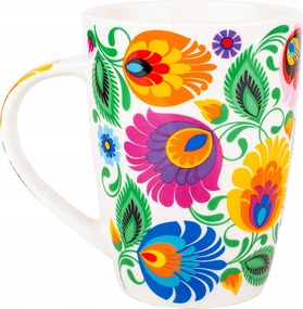 Nagy bögre Jacek fehér népi virágmintával kávéhoz és teához 420 ml porcelán