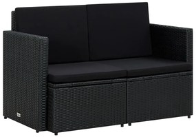 Fekete kétszemélyes polyrattan kerti kanapé párnákkal