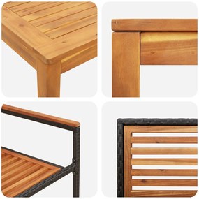 3 darabos Kerti Étkező Garnitúra Fekete Polyrattan Akác, Egymásra Rakható Kerti Székek Párnákkal 2 db Fekete Polyrattan