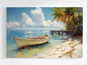 Vászonkép Canvas Tájkép Óceán Tengerpart Pálmafák Kikötő Móló Csónak 60x40