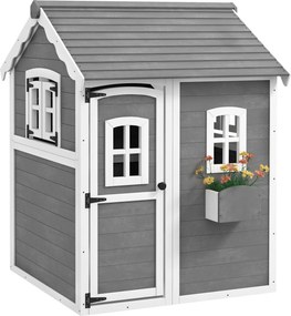 Outsunny Gyermek Játékház 3-8 Éveseknek 6 Ablakkal és Virágtartóval, Fából készült Játékház, 104,5x110x137 cm, Szürke | Aosom